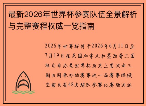 最新2026年世界杯参赛队伍全景解析与完整赛程权威一览指南 最新2026年世界杯参赛队伍全景解析与完整赛程权威一览指南